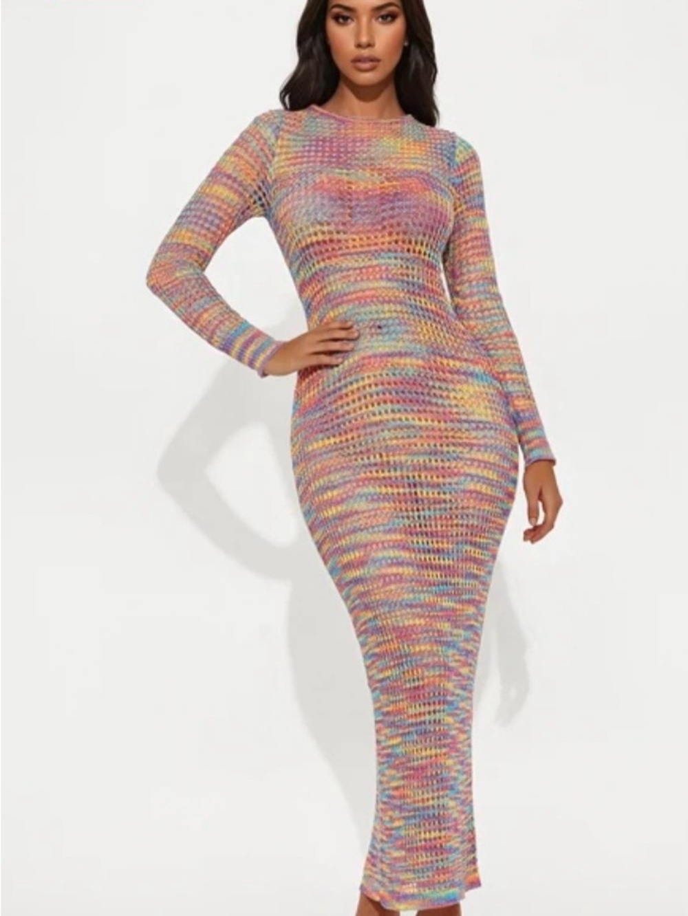Fashion Nova Pastel Multicolor Knit Long-Sleeve Maxi Dress